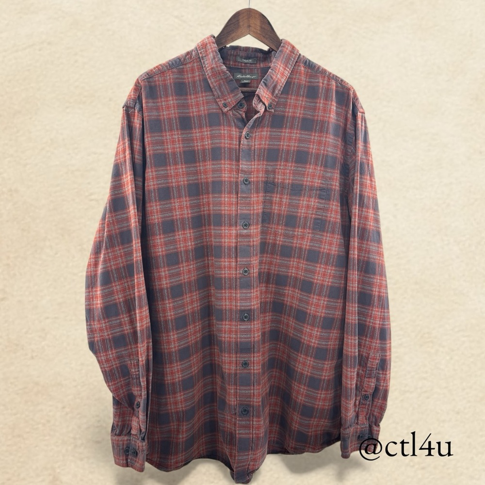 Eddie Bauer Classic Fit Red Charcoal Gray Plaid Cotton Button Front Shirt T2XL